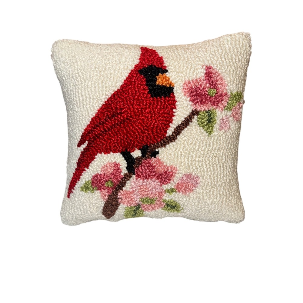 The Spring Shop Cardinal Floral Hooked Throw Pillow Red Cream 10x10 NWT